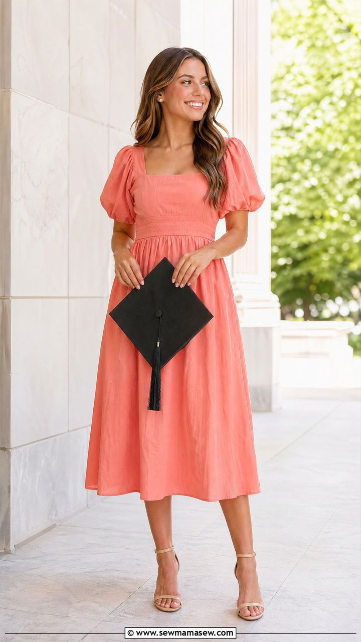 Puff Sleeve Midi Dress With Minimal Heels - 35 summer graduation outfit ideas