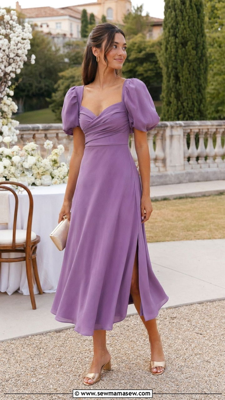 Puff Sleeve Midi Dress With Mules - 35 Outdoor wedding guest outfits