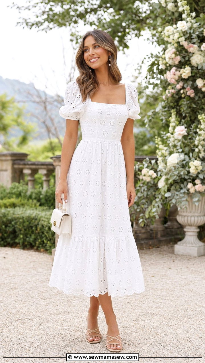 Puff Sleeve Midi Dress With Strappy Heels - 30 Wedding guest outfits for hot weather