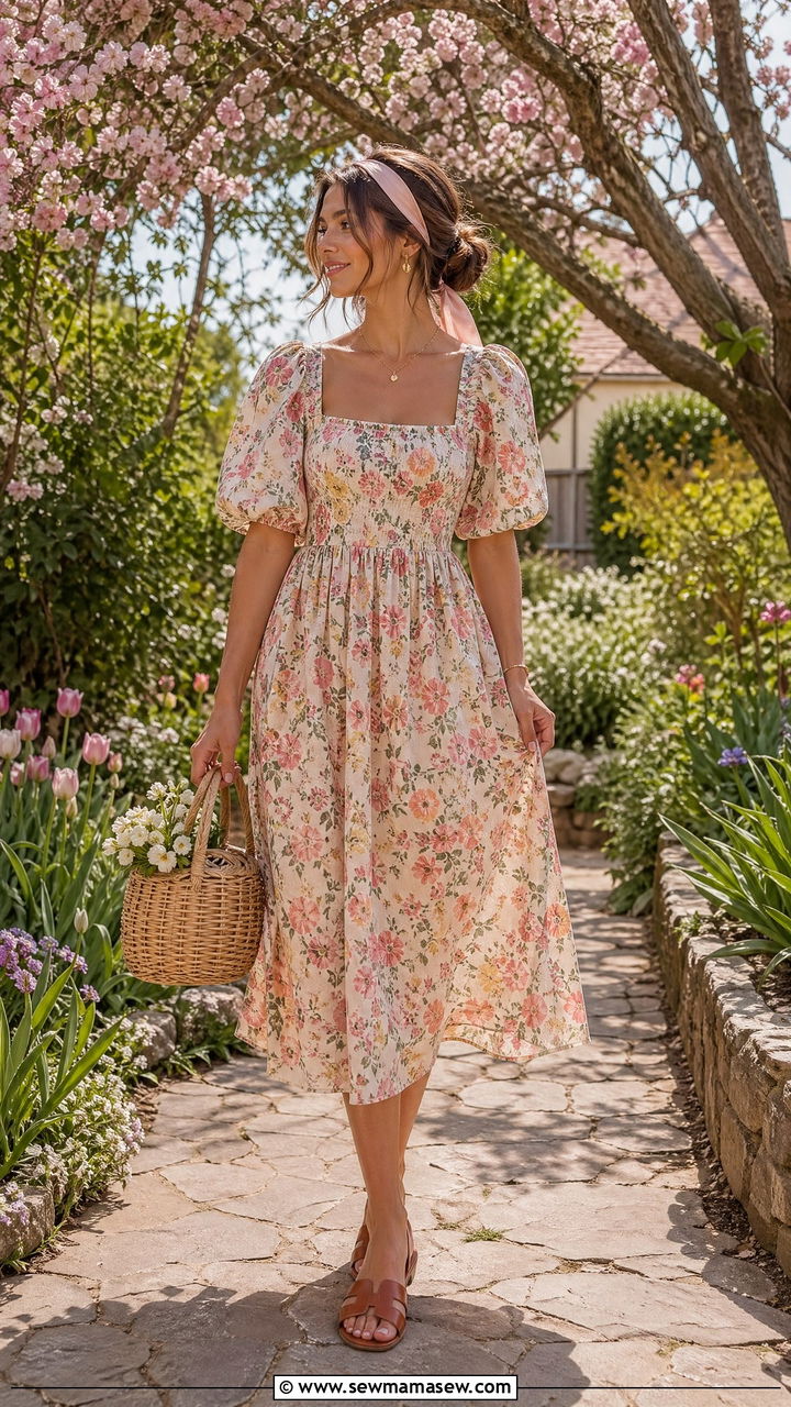 Puff Sleeve Midi Dress with Basket Bag and Flats - 35 spring vacation chic outfit ideas