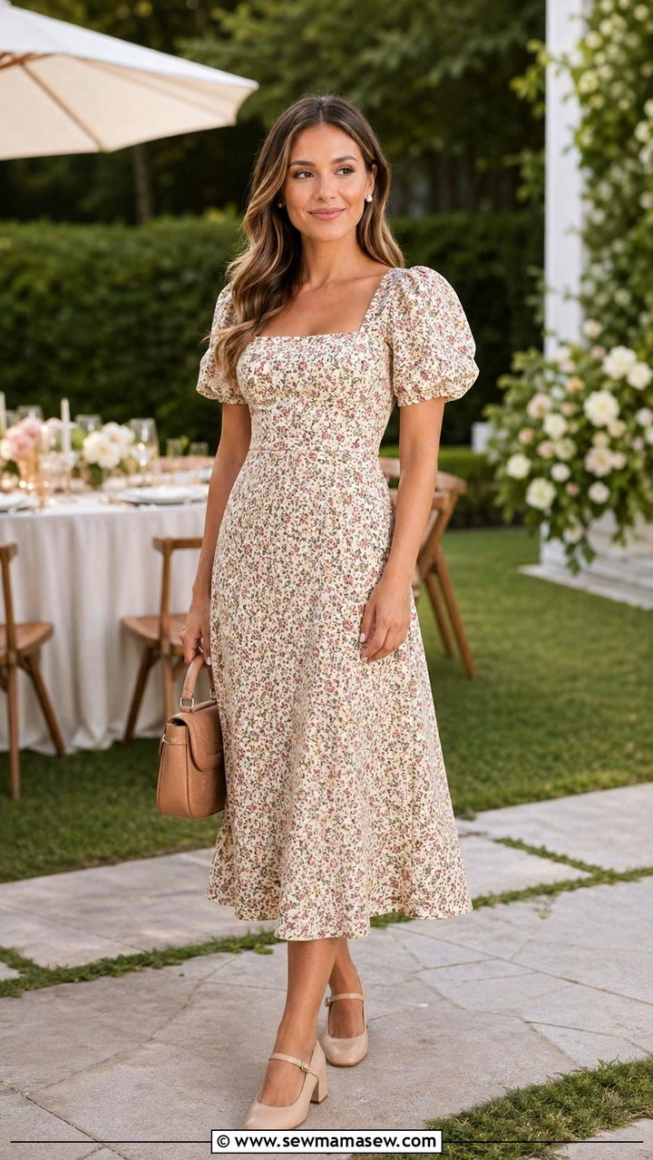 Puff Sleeve Midi Dress with Mary Jane Heels - 30 Backyard wedding guest outfits