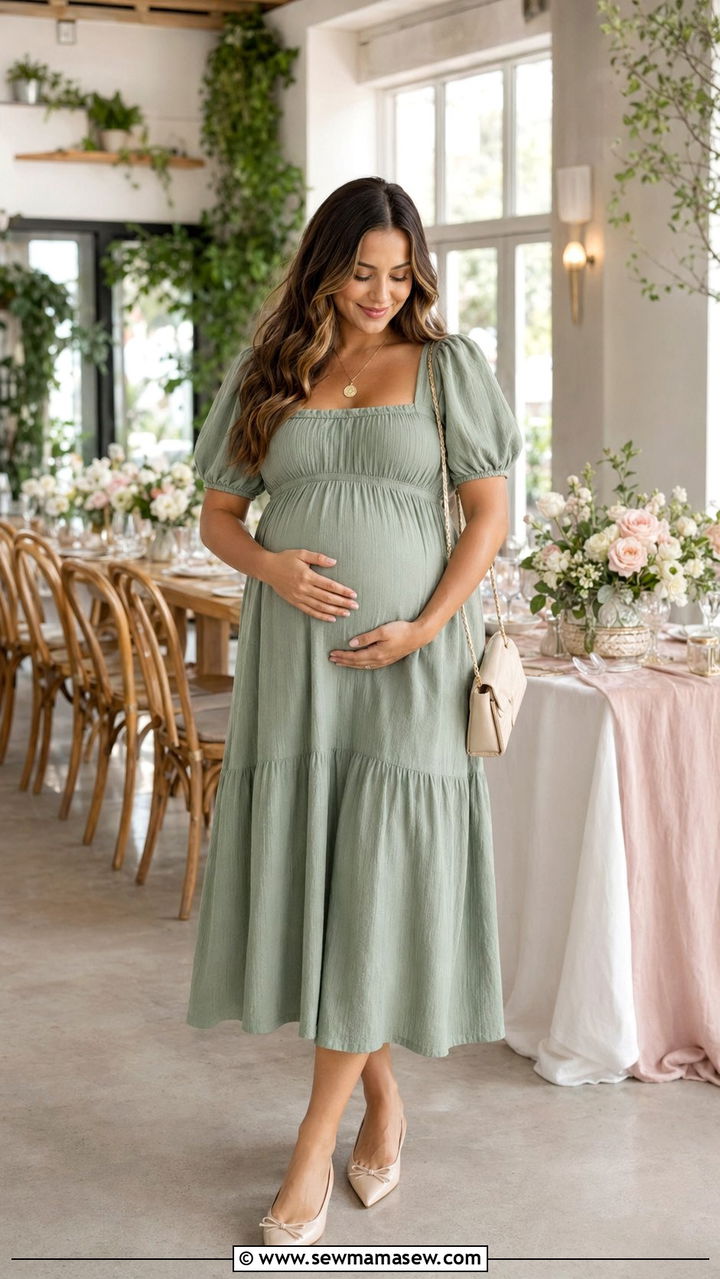 Puff Sleeve Midi Dress with Pointed Toe Flats - 30 Baby shower outfits for mom to be