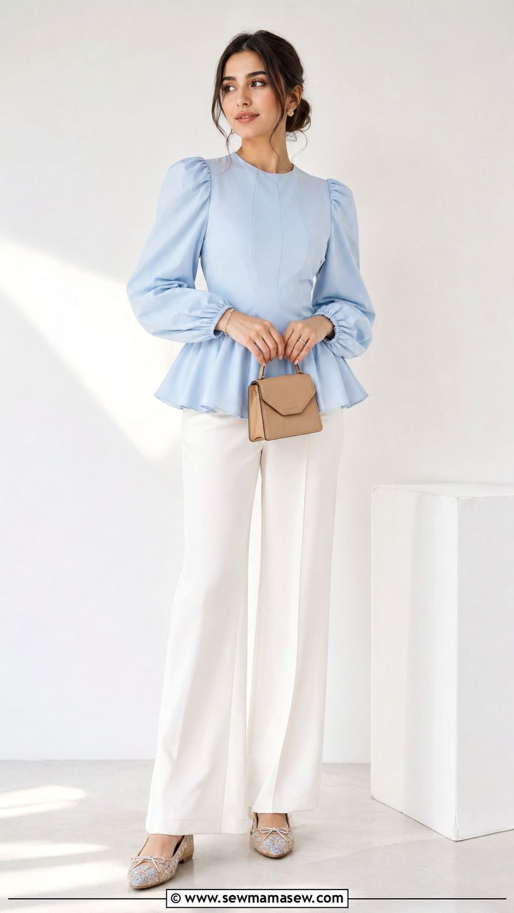 Puff Sleeve Peplum Top and Wide Leg Trousers Outfit - 35 modest classy outfits aesthetic