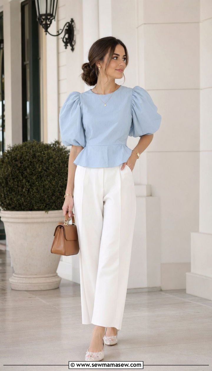 Puff Sleeve Peplum Top and Wide Leg Trousers - 35 modest classy outfits