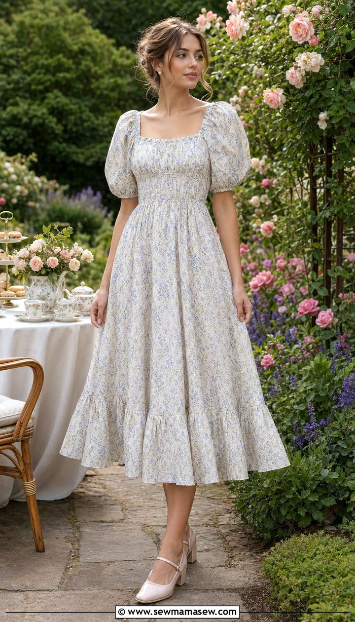Puff Sleeve Prairie Midi Dress with Heeled Mary Janes - 35 Outdoor wedding guest outfit ideas