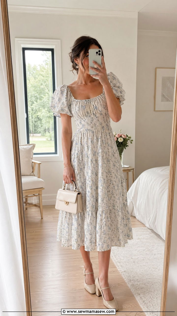 Puff Sleeve Prairie Midi Dress with Mary Janes - 35 Countryside wedding guest outfit ideas