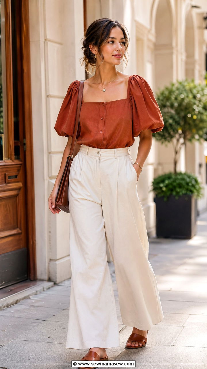 Puff Sleeve Rust Blouse With Cream Wide Leg Trousers And Sandals - 35 classy summer to fall outfits
