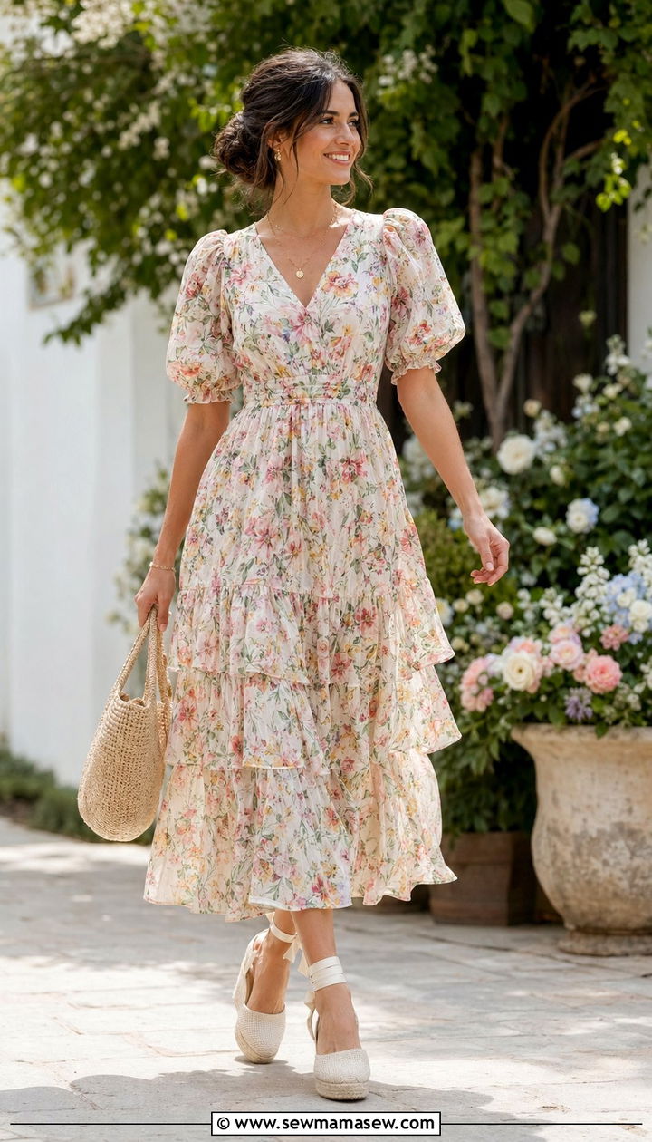 Puff Sleeve Tiered Midi Dress With Espadrilles - 35 Modest outfit ideas for wedding guest