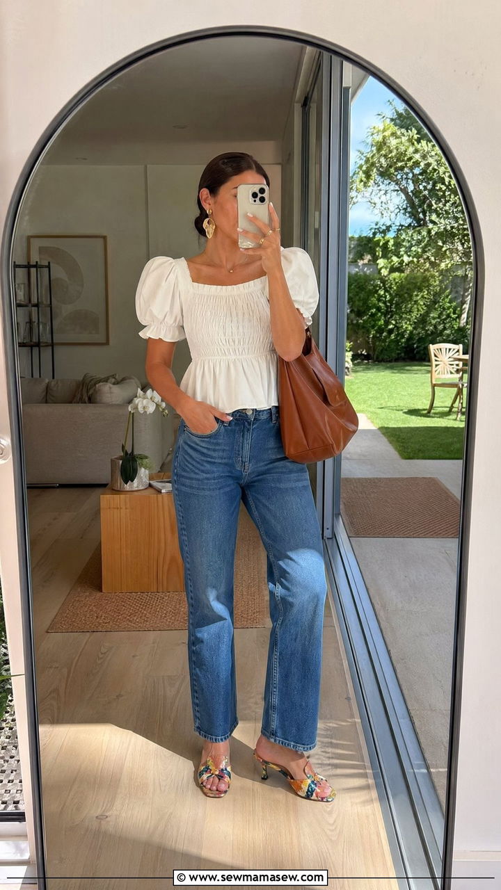 Puff Sleeve Top With Straight Leg Jeans Outfit - 35 summer labor day outfit ideas