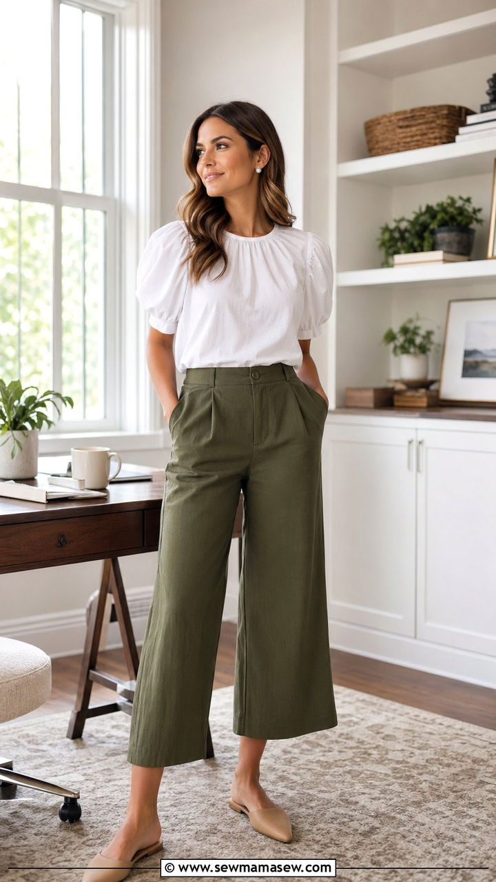 Puff Sleeve Top with Cropped Wide Leg Pants - 30 Work from home outfits for summer
