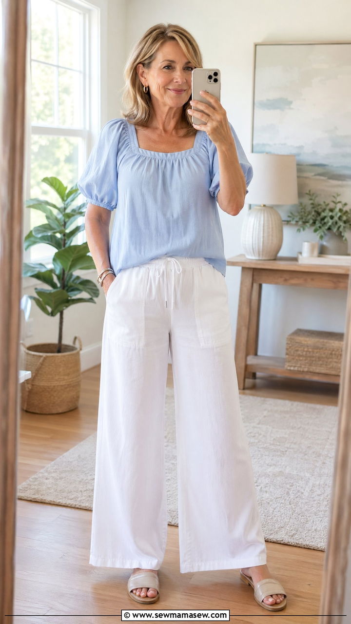 Puff Sleeve Top with Wide Leg Cotton Pants - 35 summer outfit ideas for women over 50