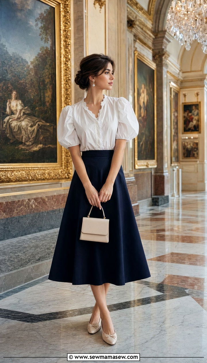 Puff sleeve blouse with A line skirt museum outfit - 35 museum outfit ideas