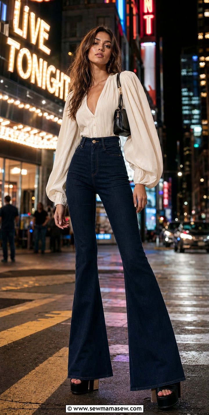 Puff sleeve blouse with flare jeans for tall women - 30 Best tops for tall women