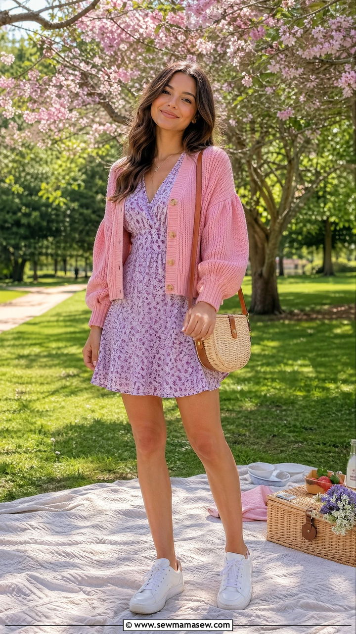 Puff sleeve cardigan with a floral mini dress - 35 Summer outfits with cardigans