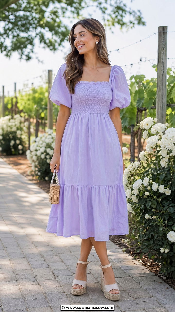 Puff sleeve cotton midi dress with platform espadrilles - 35 classy hot weather outfits