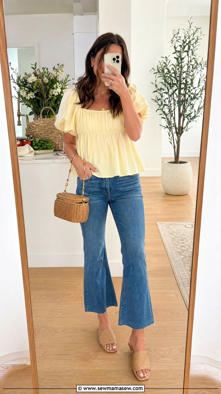 Puff sleeve cotton top with cropped kick flare jeans spring farmers market outfit - 35 spring farmers market outfit ideas