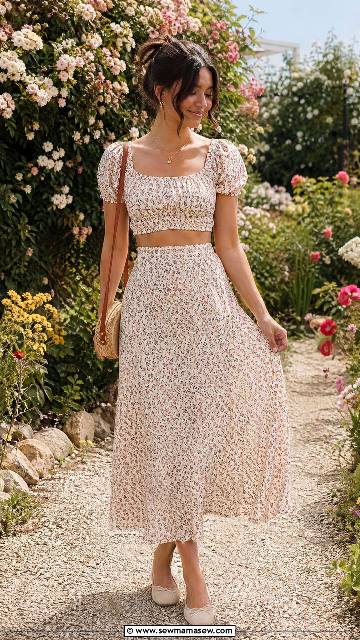 Puff sleeve crop top and high waist skirt set - 35 cute matching set outfits
