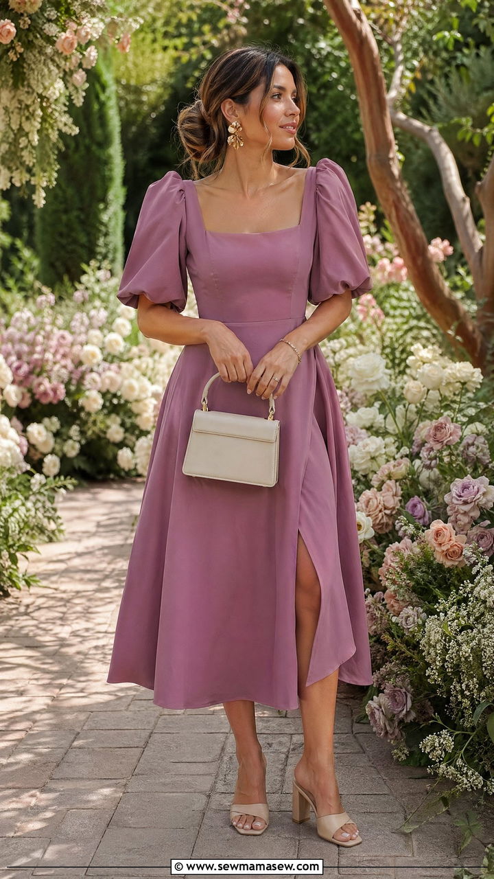 Puff sleeve midi dress with block heels - 35 Casual wedding guest outfit ideas