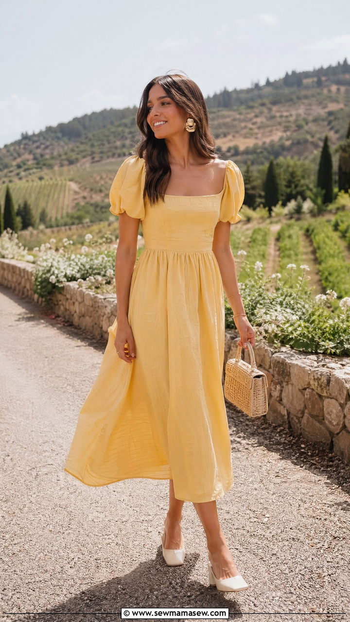 Puff sleeve midi dress with block heels - 35 summer wedding guest outfit ideas