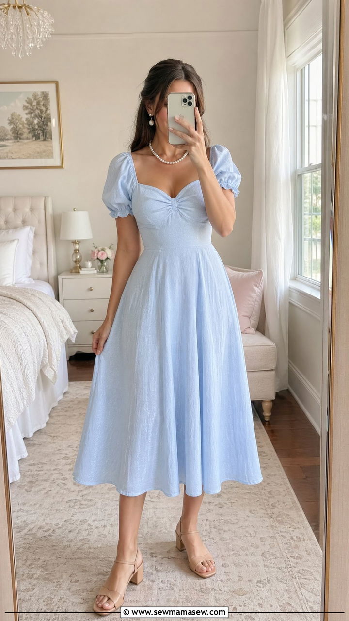Puff sleeve midi dress with pearls - 35 spring romantic outfit ideas