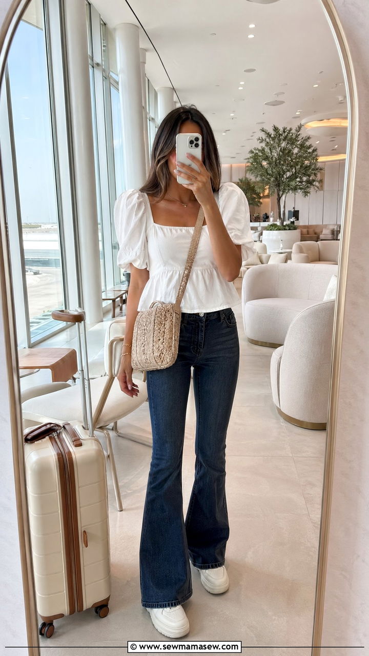 Puff sleeve top and flared jeans airport outfit - 35 chic airport outfits for women