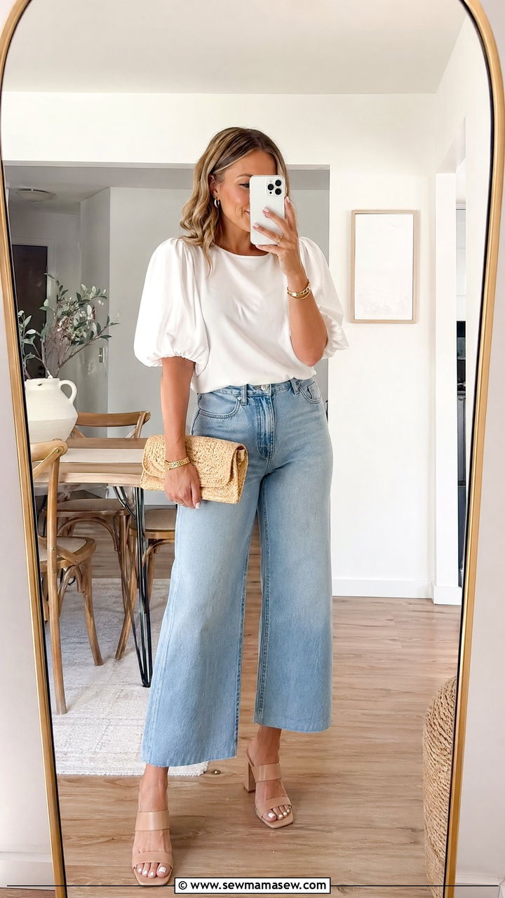 Puff sleeve top with cropped wide leg jeans and block heel sandals - 35 spring to summer outfits for women