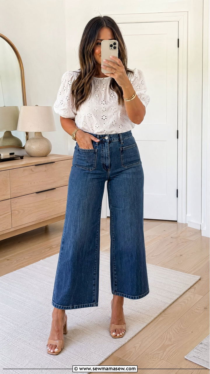 Puff sleeve top with wide leg cropped jeans and mules - 35 spring easy outfit ideas