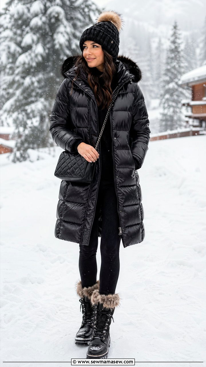 Puffer Coat with Fleece Lined Leggings and Snow Boots - 35 cute outfits for women