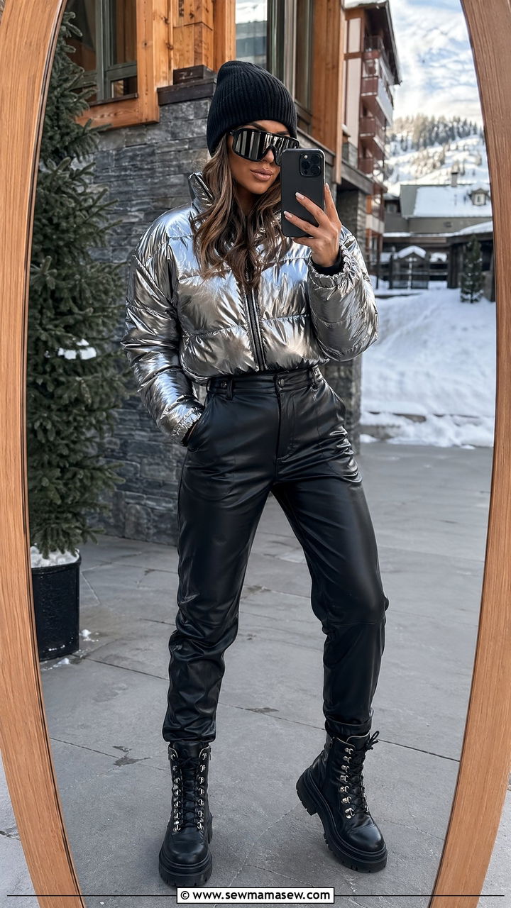 Puffer Jacket And Faux Leather Pants - 35 Ski resort outfit ideas