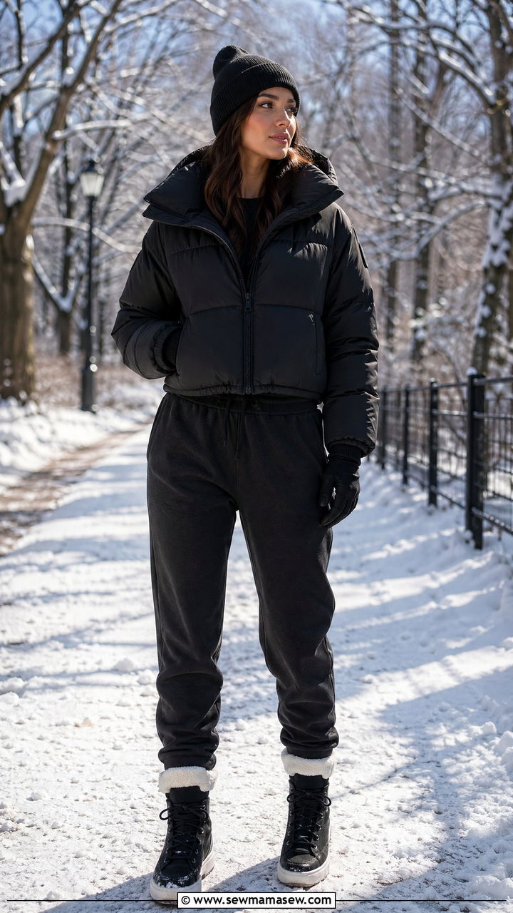 Puffer Jacket And Joggers Walking Outfit - 35 walking outfit ideas for women