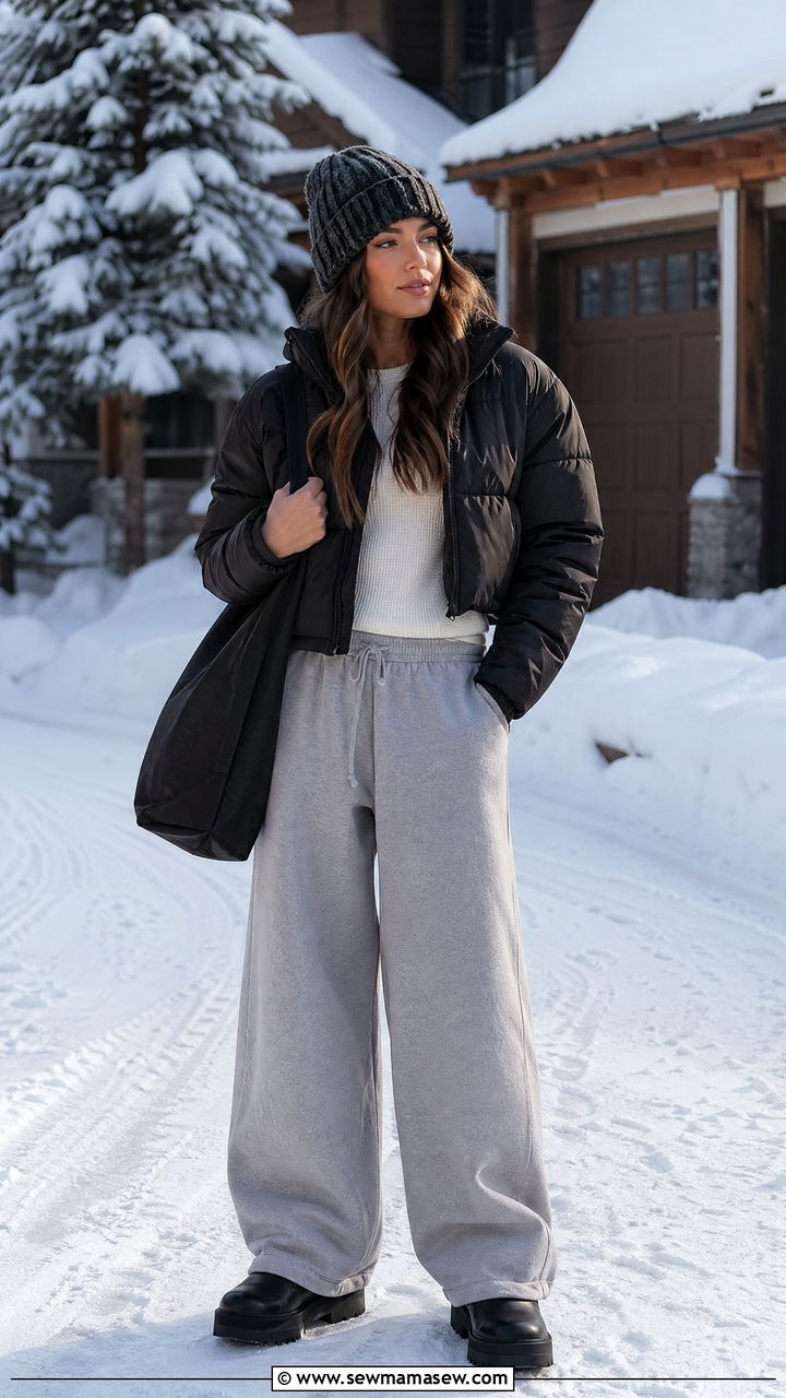Puffer Jacket And Wide Leg Sweatpants - 35 casual wide leg pants outfits