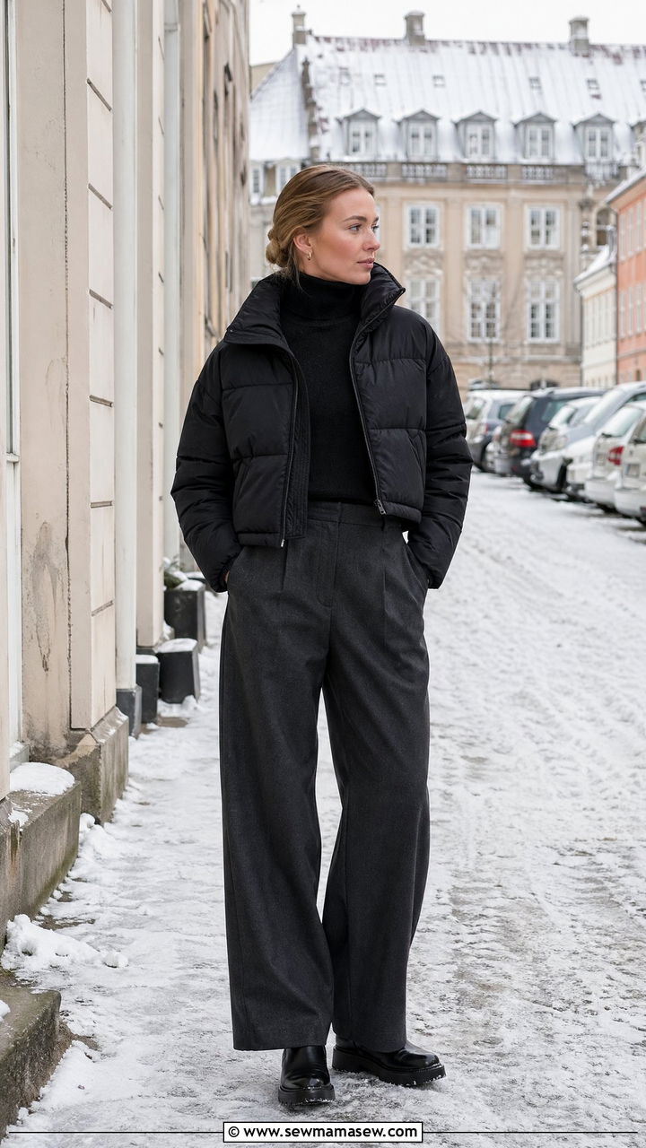 Puffer Jacket And Wide Leg Trousers Copenhagen Outfit - 35 Copenhagen outfits ideas