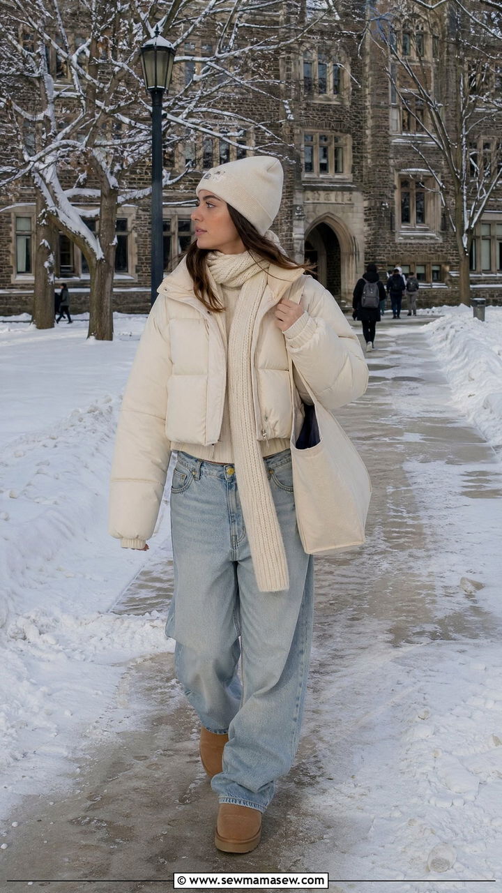 Puffer Jacket With Baggy Jeans and Uggs - 35 college outfits 2026