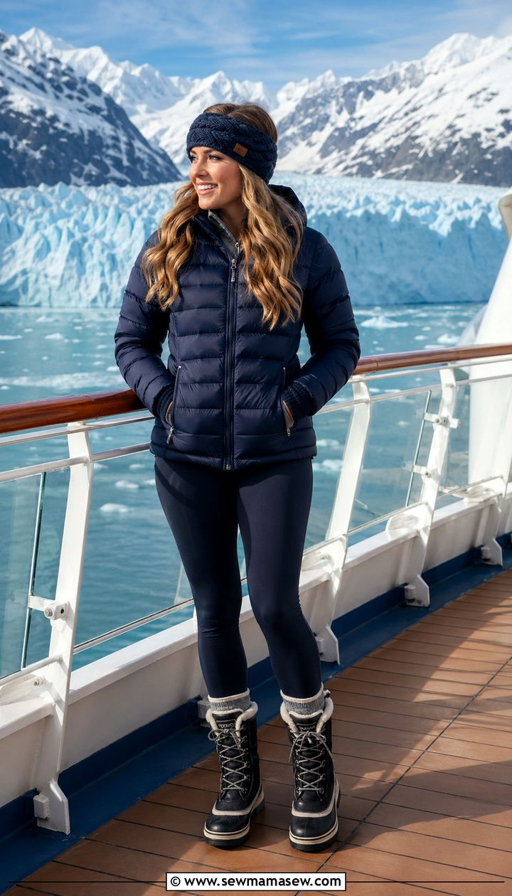 Puffer Jacket With Fleece Lined Leggings And Snow Boots - 30 Alaska cruise outfit ideas
