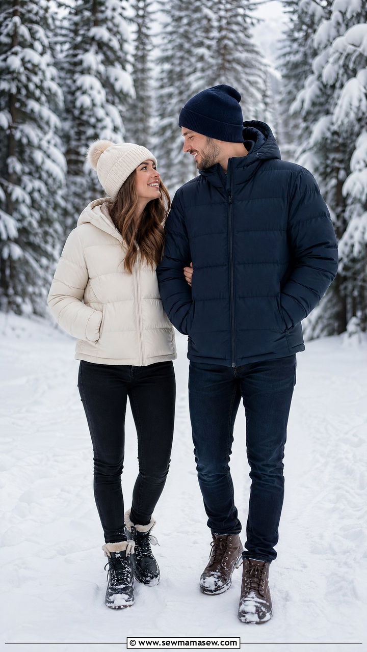 Puffer Jacket and Beanie Snow Day Couple Outfit - 35 Couples photoshoot outfit ideas