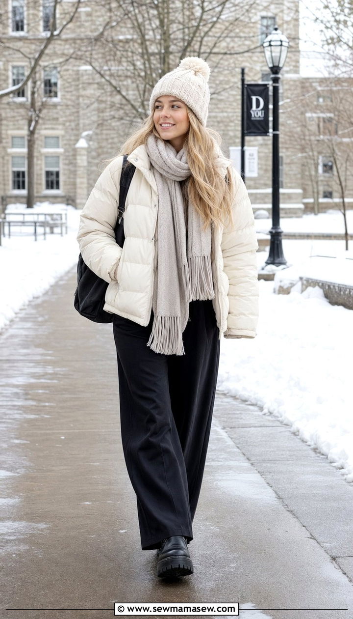 Puffer Jacket and Wide Leg Trousers - 35 school outfits 2026