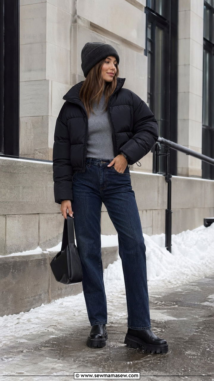 Puffer Jacket with Straight Leg Jeans - 35 straight leg jeans outfit ideas for women