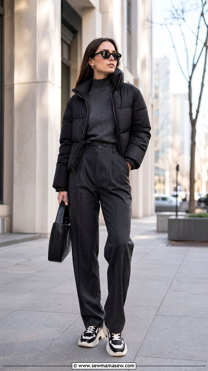 Puffer Jacket with Sweater and Tailored Trousers - 35 transitional outfits casual