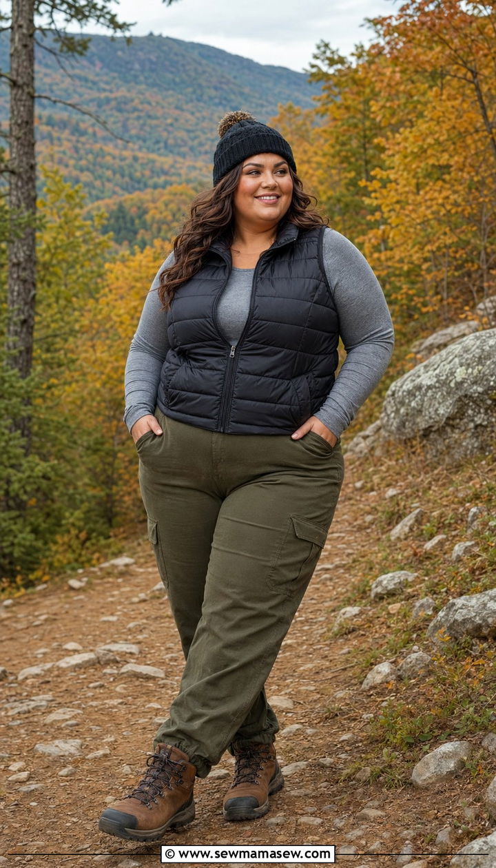 Puffer Vest Long Sleeve Tee and Cargo Pants - 35 Plus size outfit ideas size 22