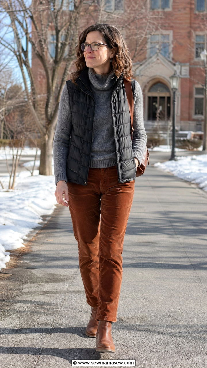 Puffer Vest Over Fine Knit Sweater With Corduroy Pants - 35 College professor outfit ideas