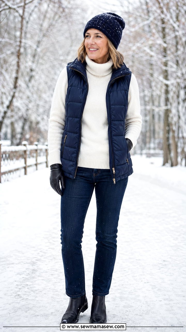 Puffer Vest Over White Cashmere Sweater With Dark Jeans - 35 Old money outfits for women over 40
