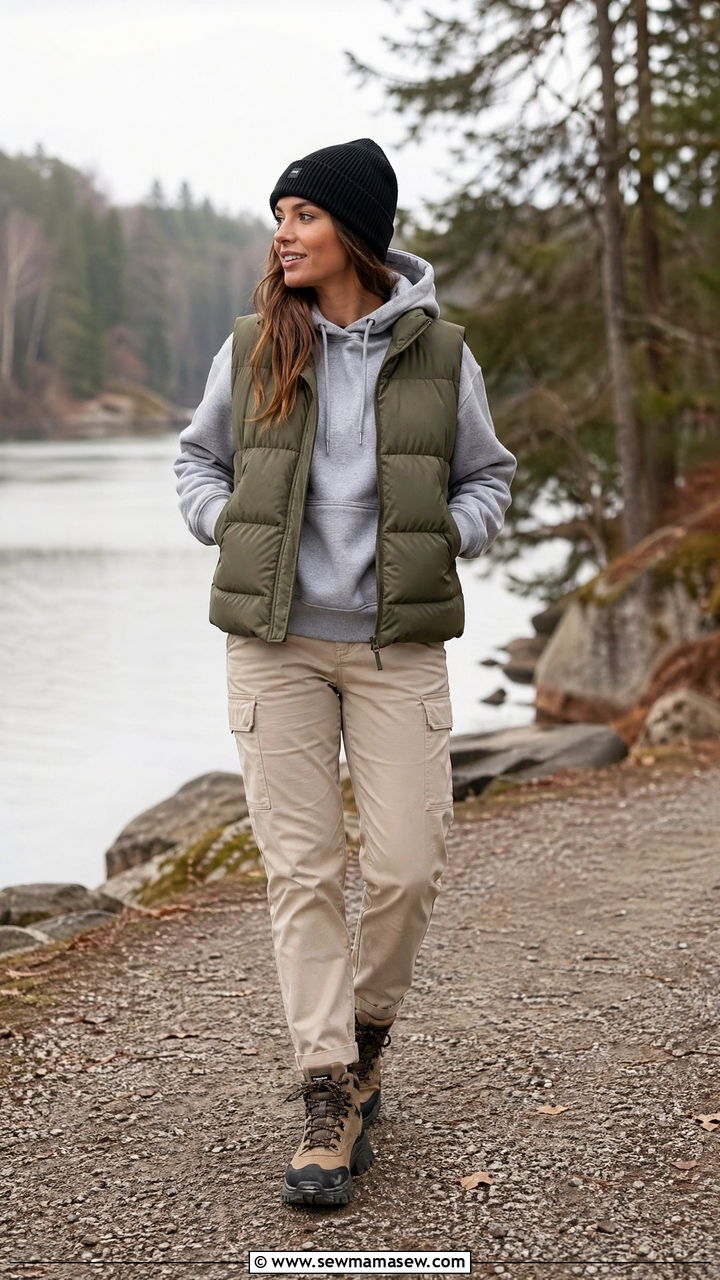 Puffer Vest With Hoodie And Cargo Pants - 35 Cold spring outfits