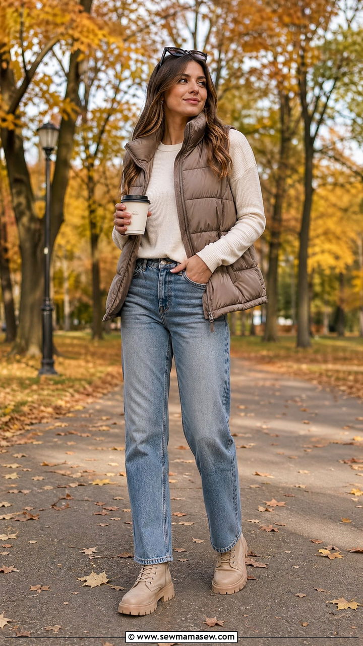 Puffer Vest With Long Sleeve Tee And Jeans Outfit - 35 casual outfits for tall women