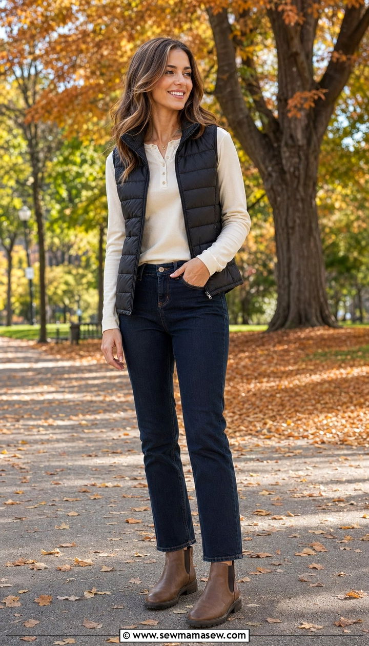 Puffer Vest With a Henley Shirt and Straight Jeans - 30 50 degree weather outfits