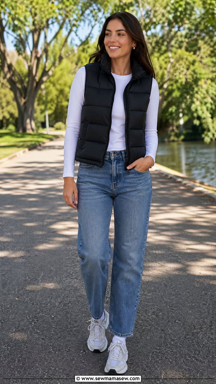 Puffer Vest With a Long Sleeve Tee and Straight Leg Jeans - 35 transitional outfit ideas for women