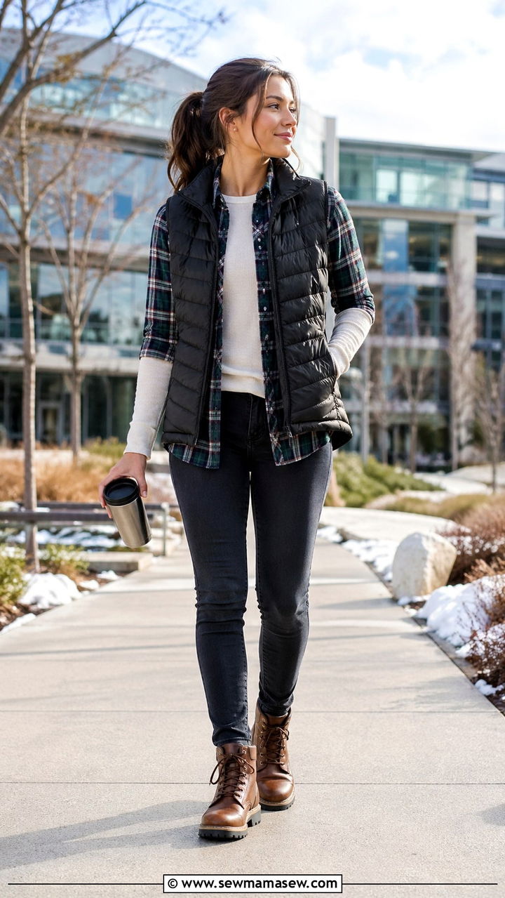 Puffer Vest and Layered Flannel Outfit for Software Engineers - 30 Software engineer outfit ideas