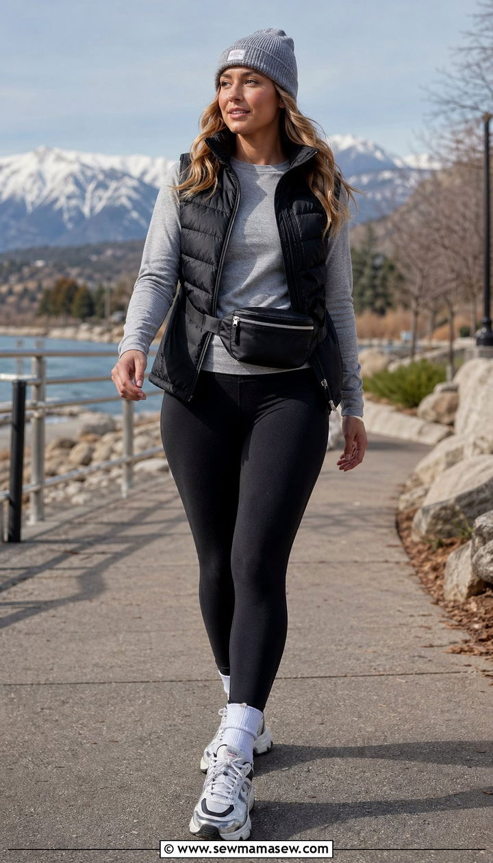 Puffer Vest and Leggings - 30 40 degree weather outfits