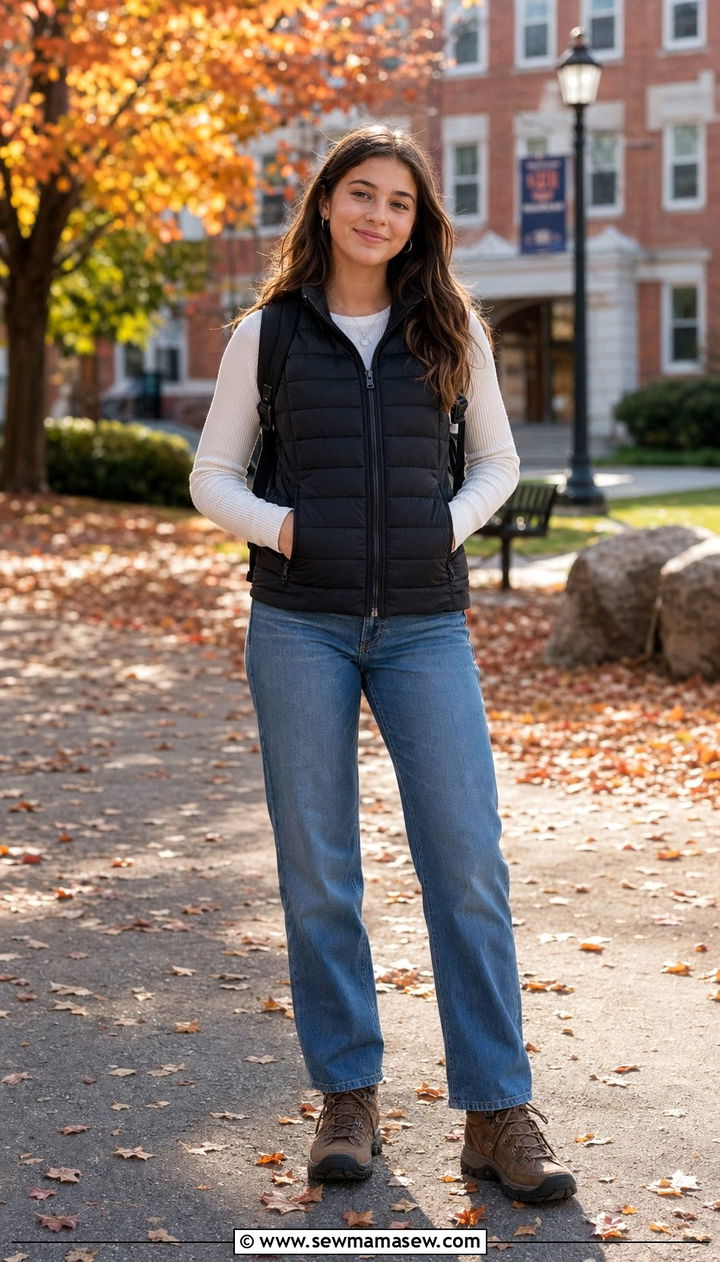Puffer Vest and Long Sleeve Tee Back To School Outfit - 30 Back to school outfit ideas high school 2026