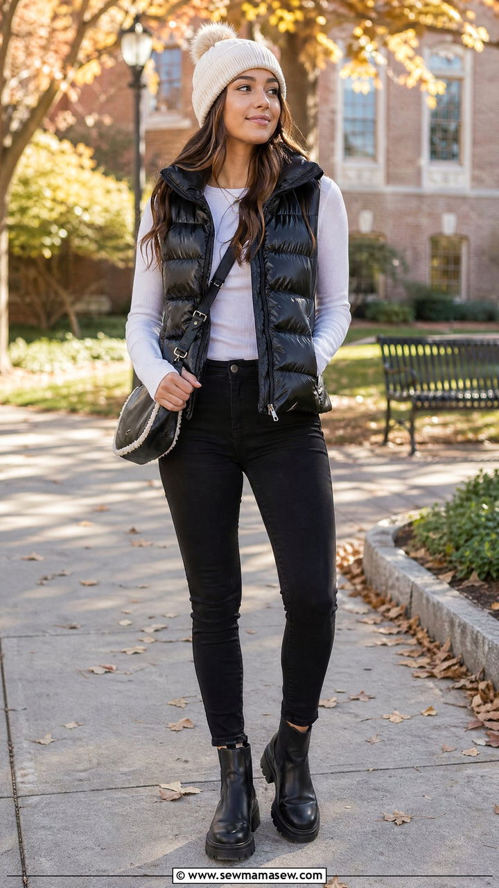 Puffer Vest and Long Sleeve Tee Outfit - 35 Trendy outfits for college girls