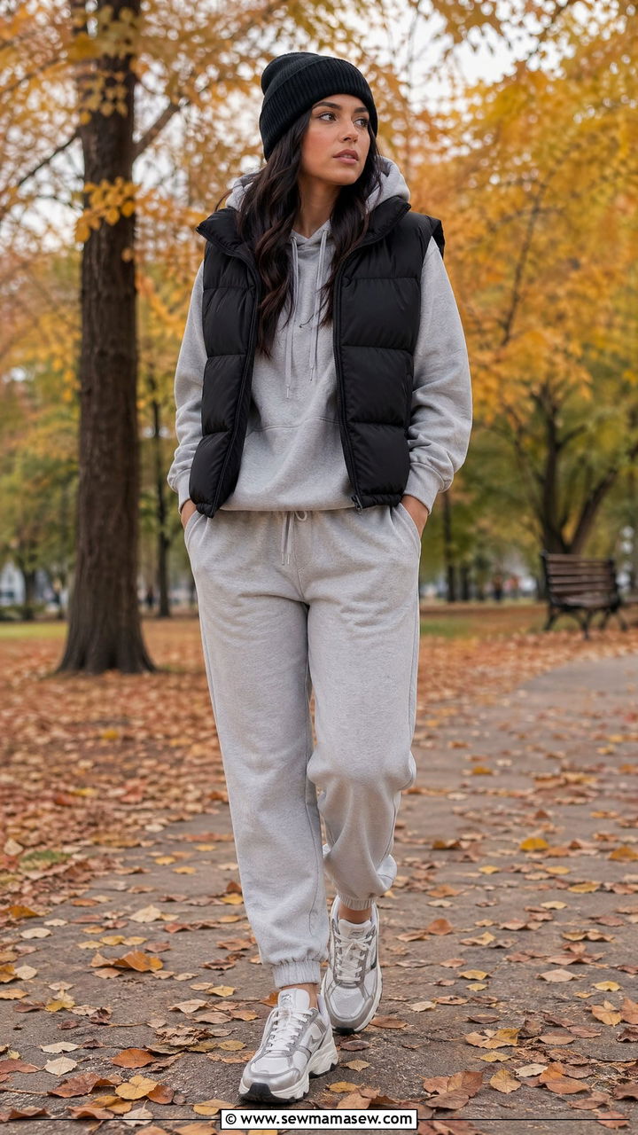Puffer Vest with Hoodie and Joggers - 35 transitional outfits casual